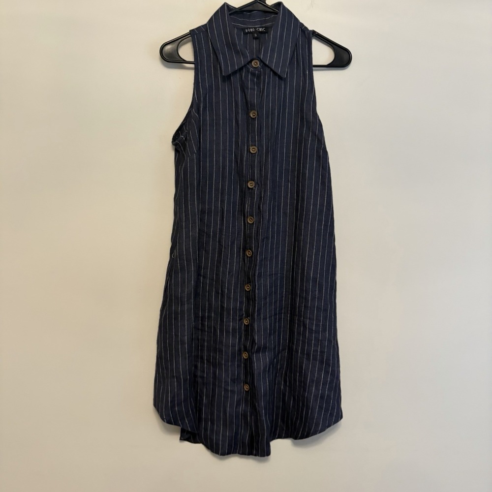 Boho Chic Small Button Up Sleeveless‎ Dress Blue White Linen Collared Natural